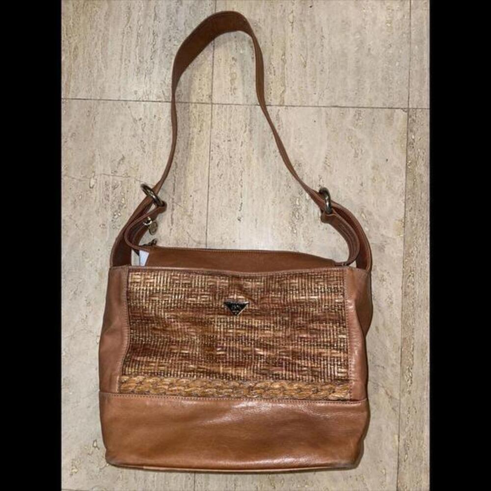 RENATO ANGI Italy Golden Brown Soft Leather Shoulder Bag Weaved Basket Pattern‎